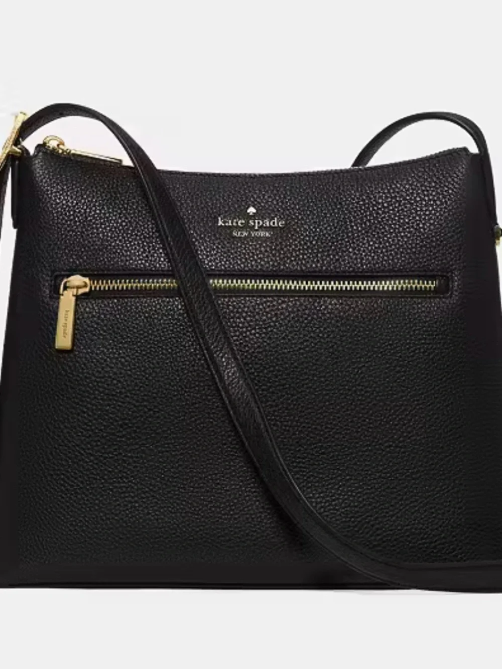 New Kate Spade Black Pebbled Leather Swing back Crossbody with front Zip Pocket